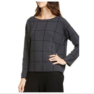 NWOT Eileen Fisher Bateau Windowpane Wool Sweater